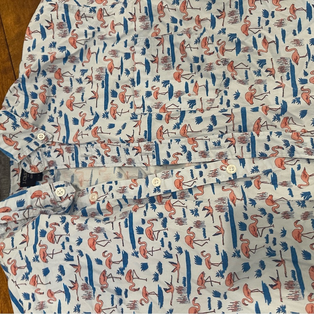 J. Crew White Button-Down Shirt with Pink Flamingo Print